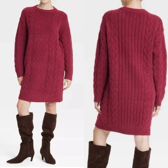 NWT Universal Thread Long Sleeve Cable Knit Mini Maroon Sweater Dress Size Small - Picture 1 of 12